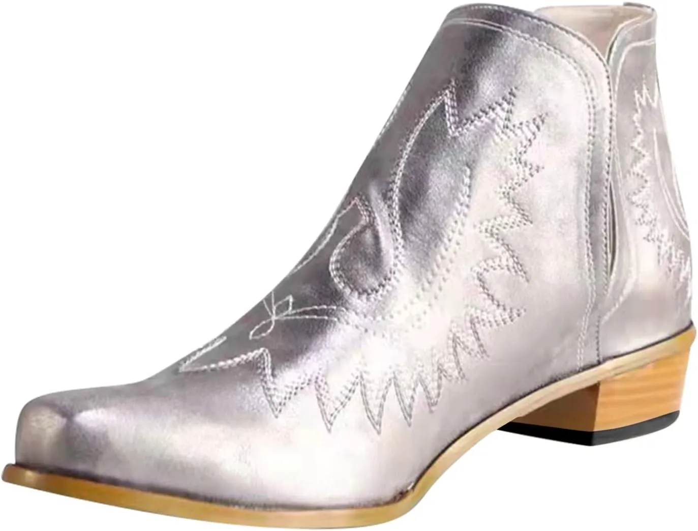 Women's Cowboy Boots Leather Low Heel Slip On Cowgirl Boots V Cut Cutouts Embroidered Western Ankle Booties
