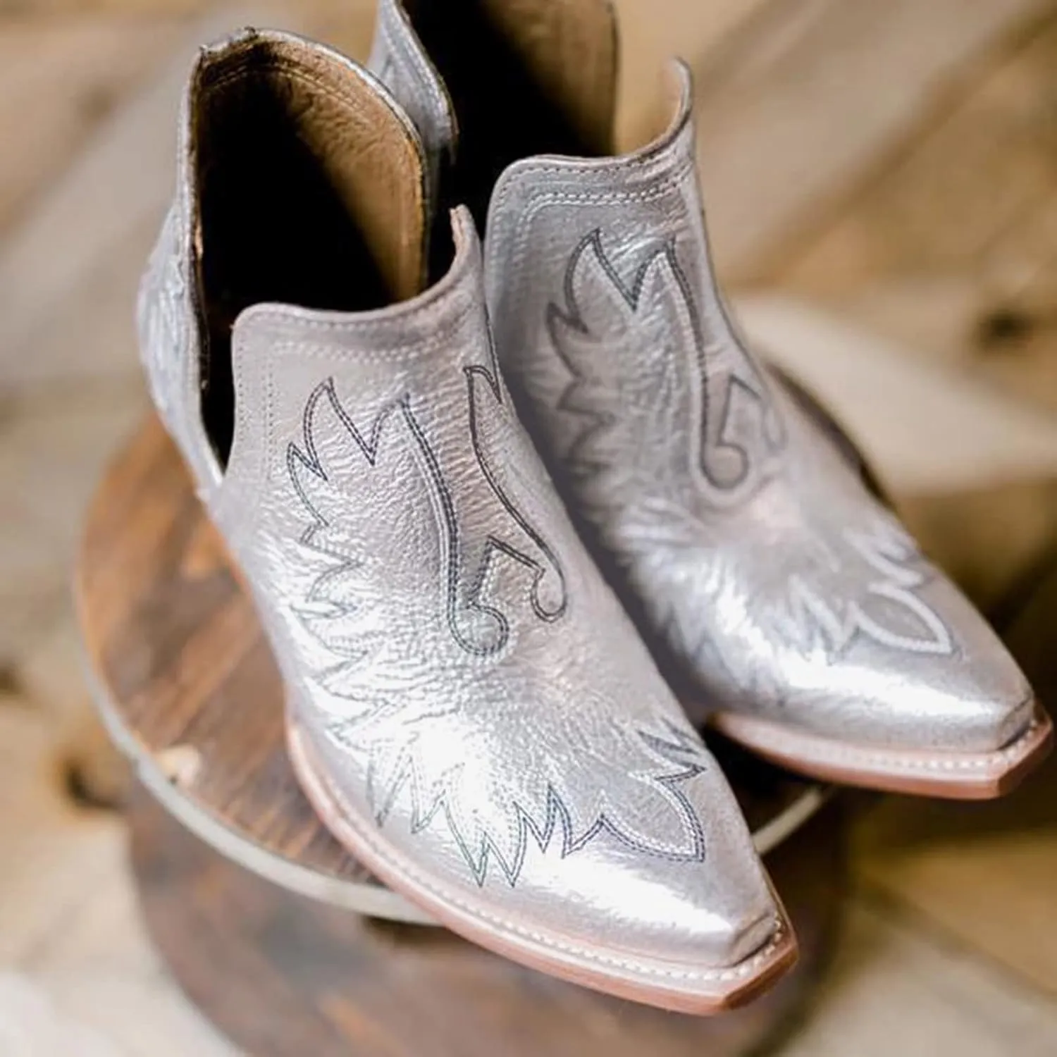 Women's Cowboy Boots Leather Low Heel Slip On Cowgirl Boots V Cut Cutouts Embroidered Western Ankle Booties