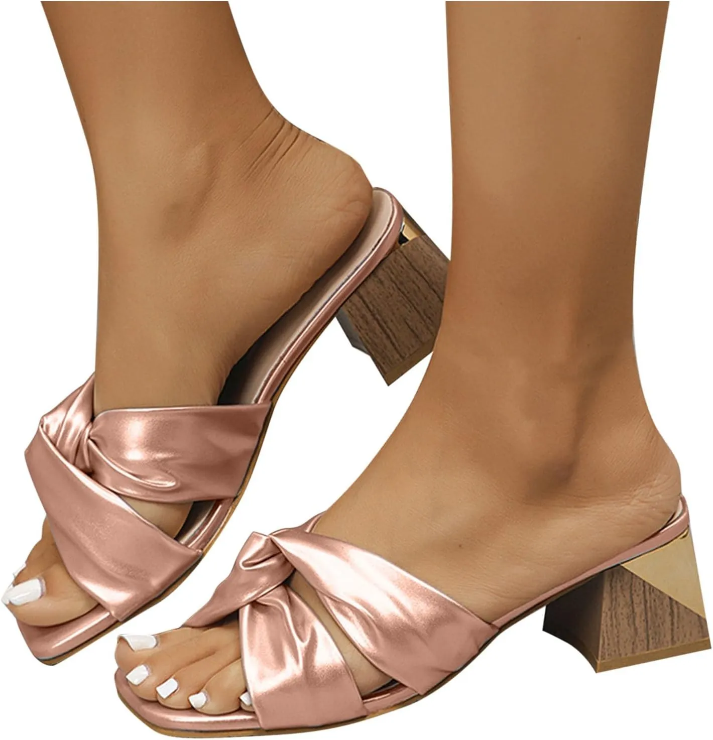 Women's Cross Strappy Block Chunky Heels Fashion Square Open Toe Slip On Heeled Sandals Dressy Party Dress Shoes