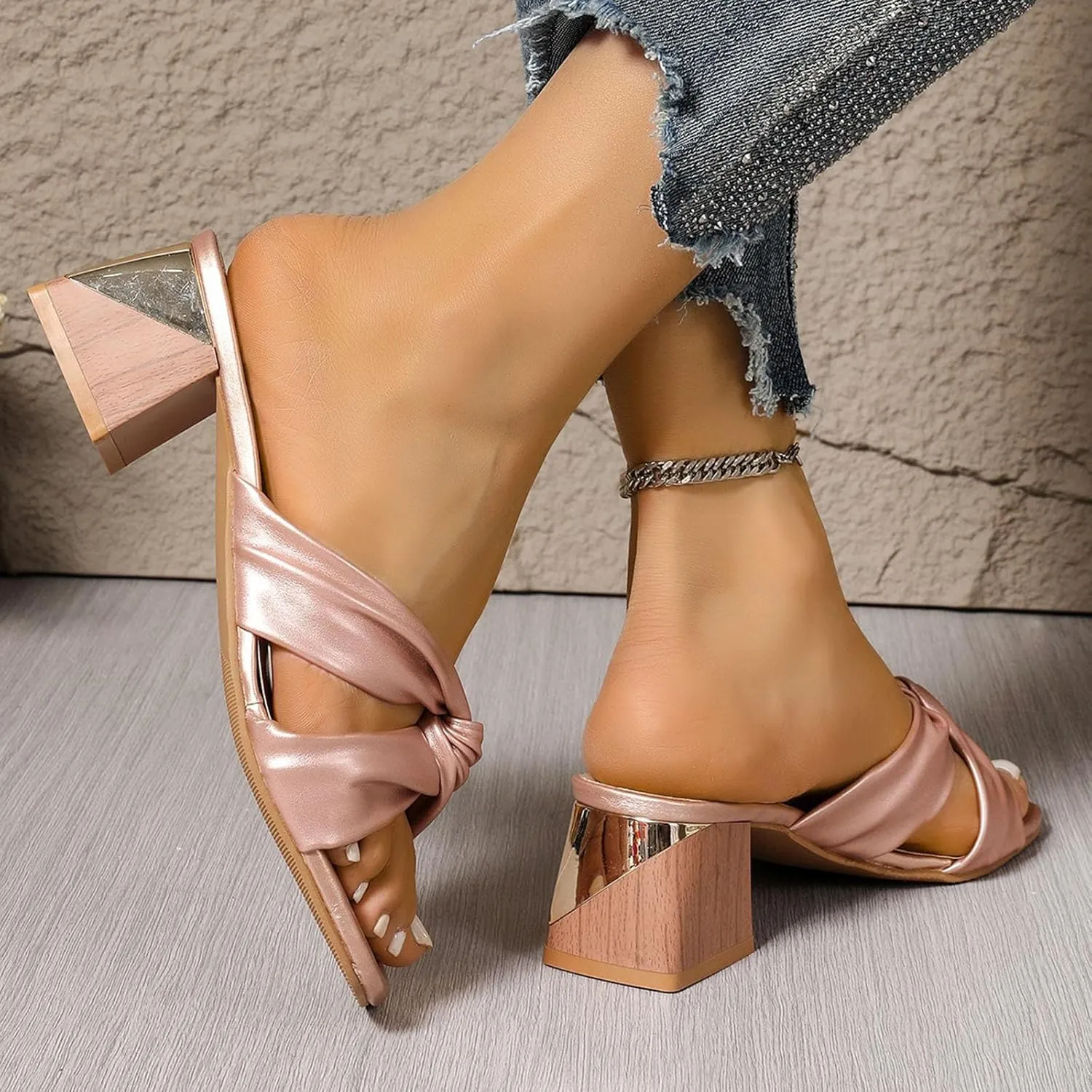 Women's Cross Strappy Block Chunky Heels Fashion Square Open Toe Slip On Heeled Sandals Dressy Party Dress Shoes