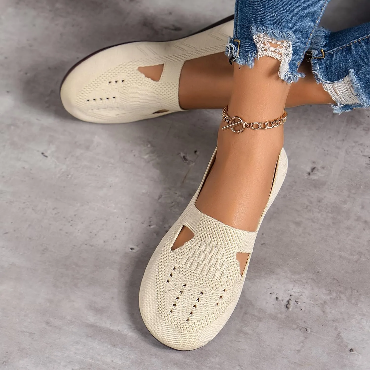Women's Dress Flat Ballet Breathable Hollow Out Mesh Flat Women's Summer Shoes Casual Knit Dress Shoes