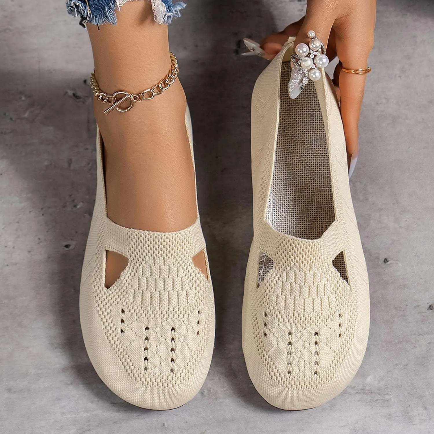 Women's Dress Flat Ballet Breathable Hollow Out Mesh Flat Women's Summer Shoes Casual Knit Dress Shoes