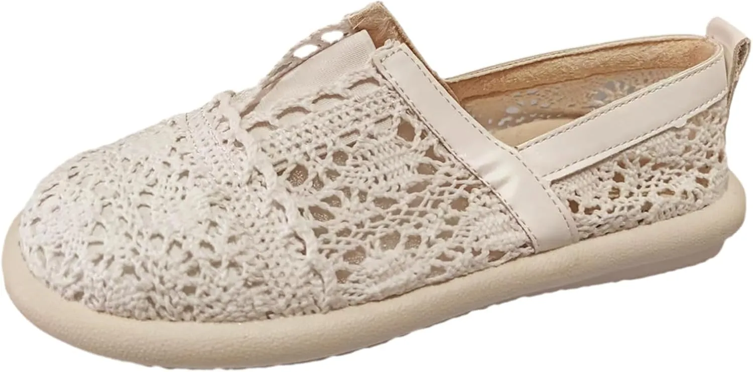 Women's Dress Flat Ballet Low Hollow Out Breathable Soft Single Shoe Ladies Casual Flower Lace Flats Knit Dress Shoes