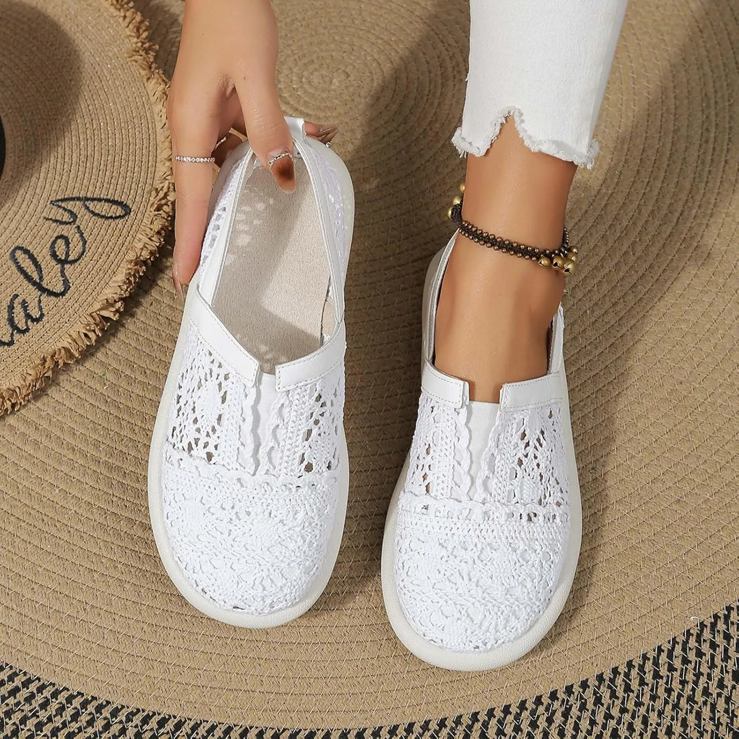 Women's Dress Flat Ballet Low Hollow Out Breathable Soft Single Shoe Ladies Casual Flower Lace Flats Knit Dress Shoes