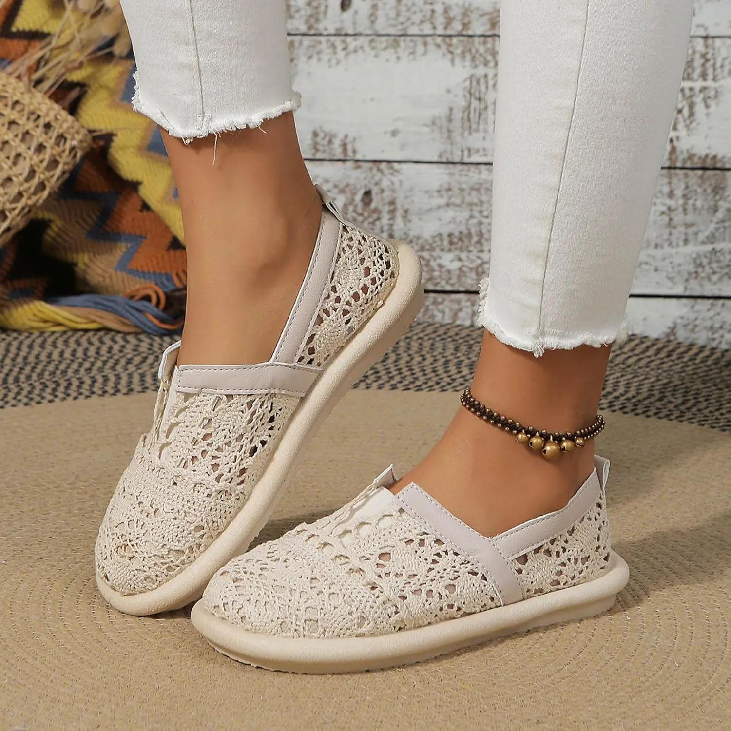 Women's Dress Flat Ballet Low Hollow Out Breathable Soft Single Shoe Ladies Casual Flower Lace Flats Knit Dress Shoes