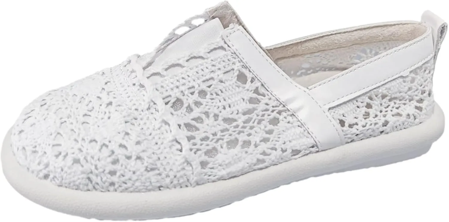 Women's Dress Flat Ballet Low Hollow Out Breathable Soft Single Shoe Ladies Casual Flower Lace Flats Knit Dress Shoes