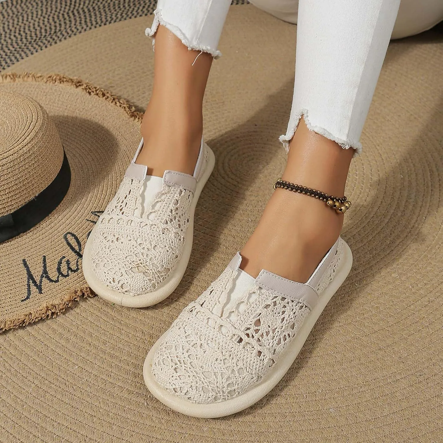 Women's Dress Flat Ballet Low Hollow Out Breathable Soft Single Shoe Ladies Casual Flower Lace Flats Knit Dress Shoes