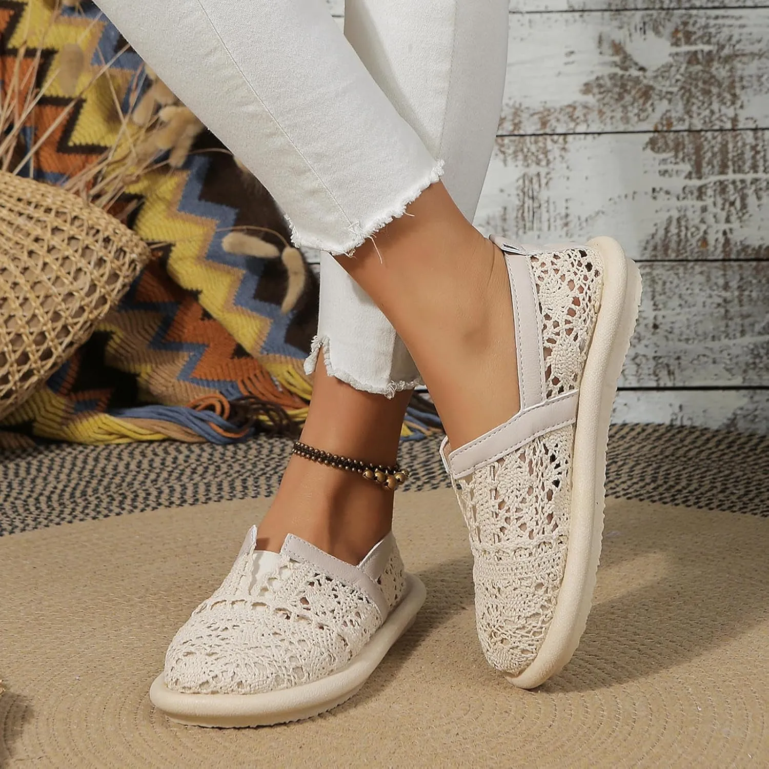 Women's Dress Flat Ballet Low Hollow Out Breathable Soft Single Shoe Ladies Casual Flower Lace Flats Knit Dress Shoes