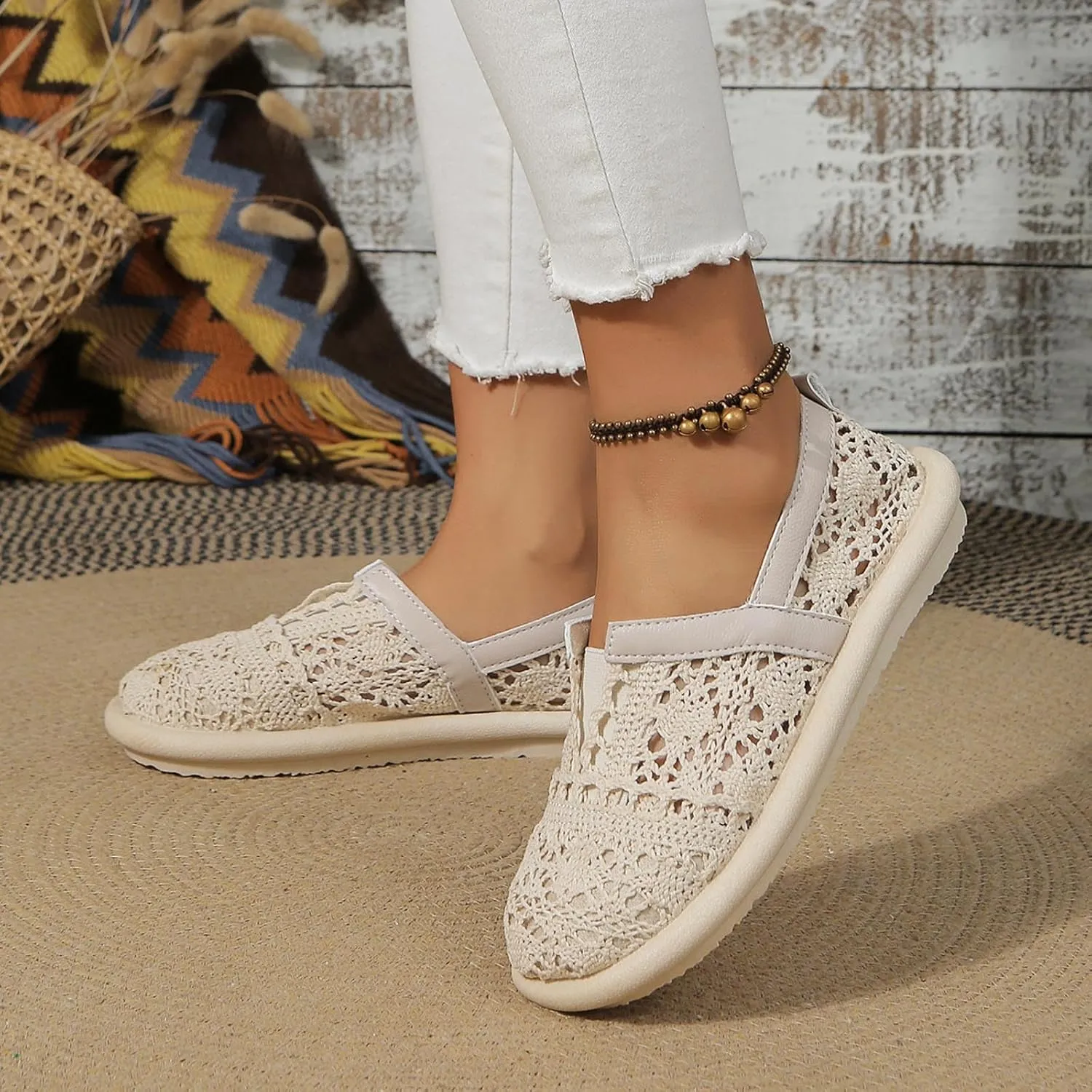 Women's Dress Flat Ballet Low Hollow Out Breathable Soft Single Shoe Ladies Casual Flower Lace Flats Knit Dress Shoes