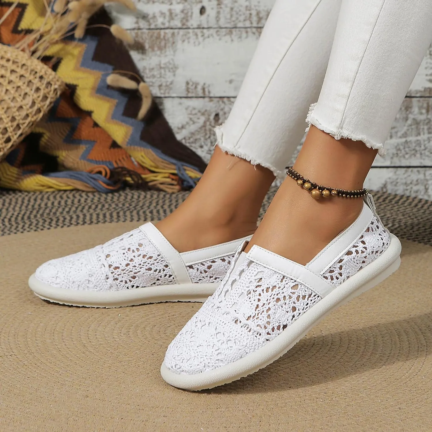 Women's Dress Flat Ballet Low Hollow Out Breathable Soft Single Shoe Ladies Casual Flower Lace Flats Knit Dress Shoes