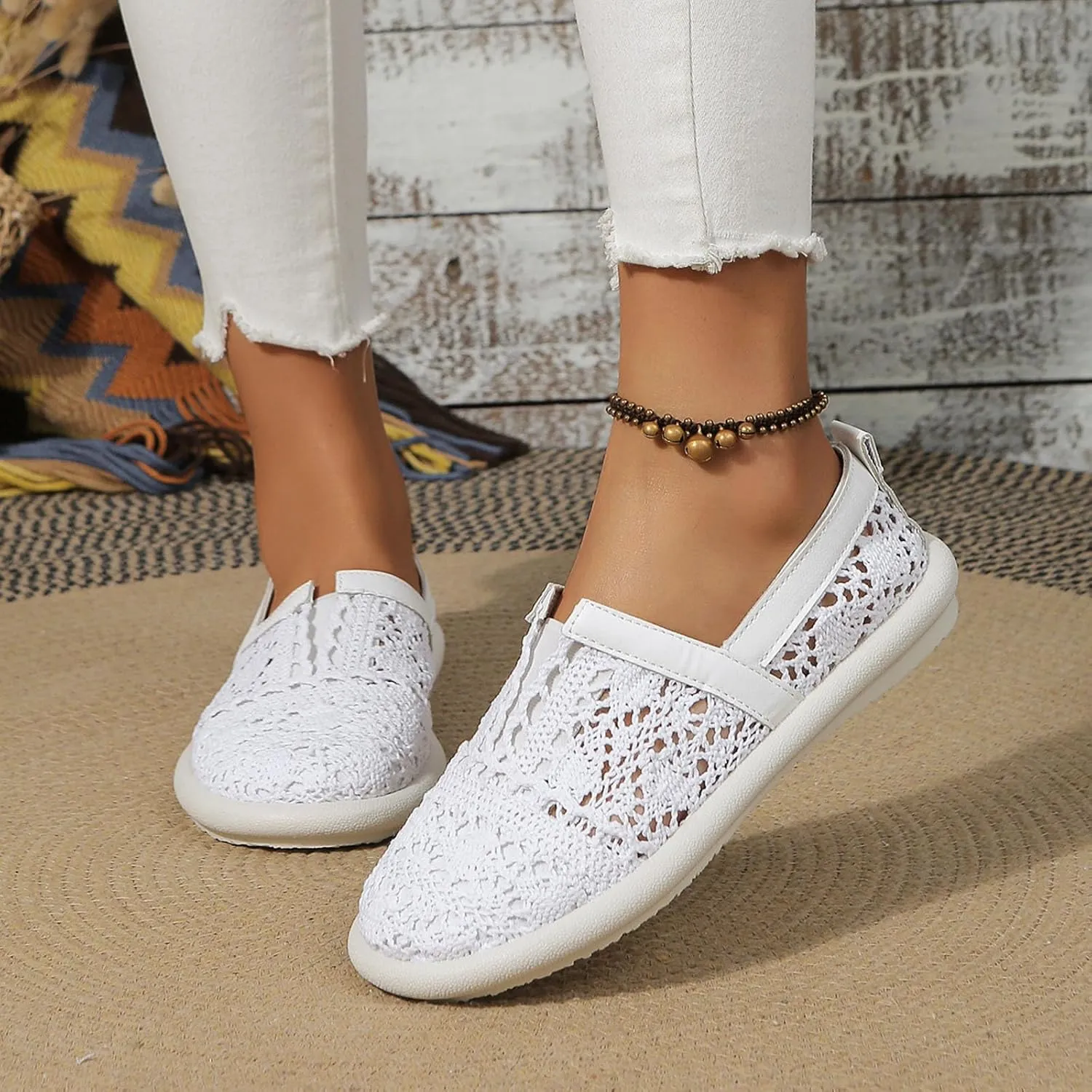 Women's Dress Flat Ballet Low Hollow Out Breathable Soft Single Shoe Ladies Casual Flower Lace Flats Knit Dress Shoes