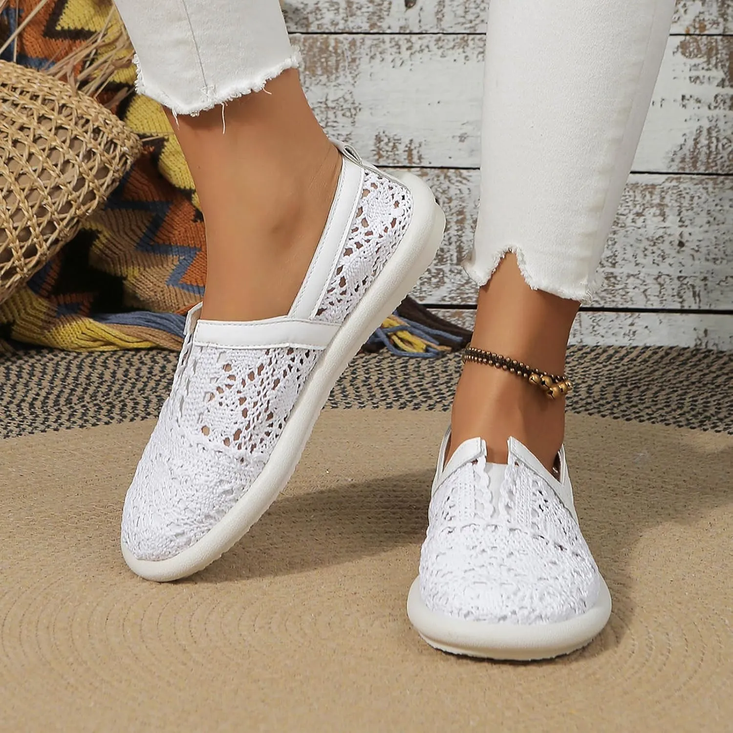 Women's Dress Flat Ballet Low Hollow Out Breathable Soft Single Shoe Ladies Casual Flower Lace Flats Knit Dress Shoes