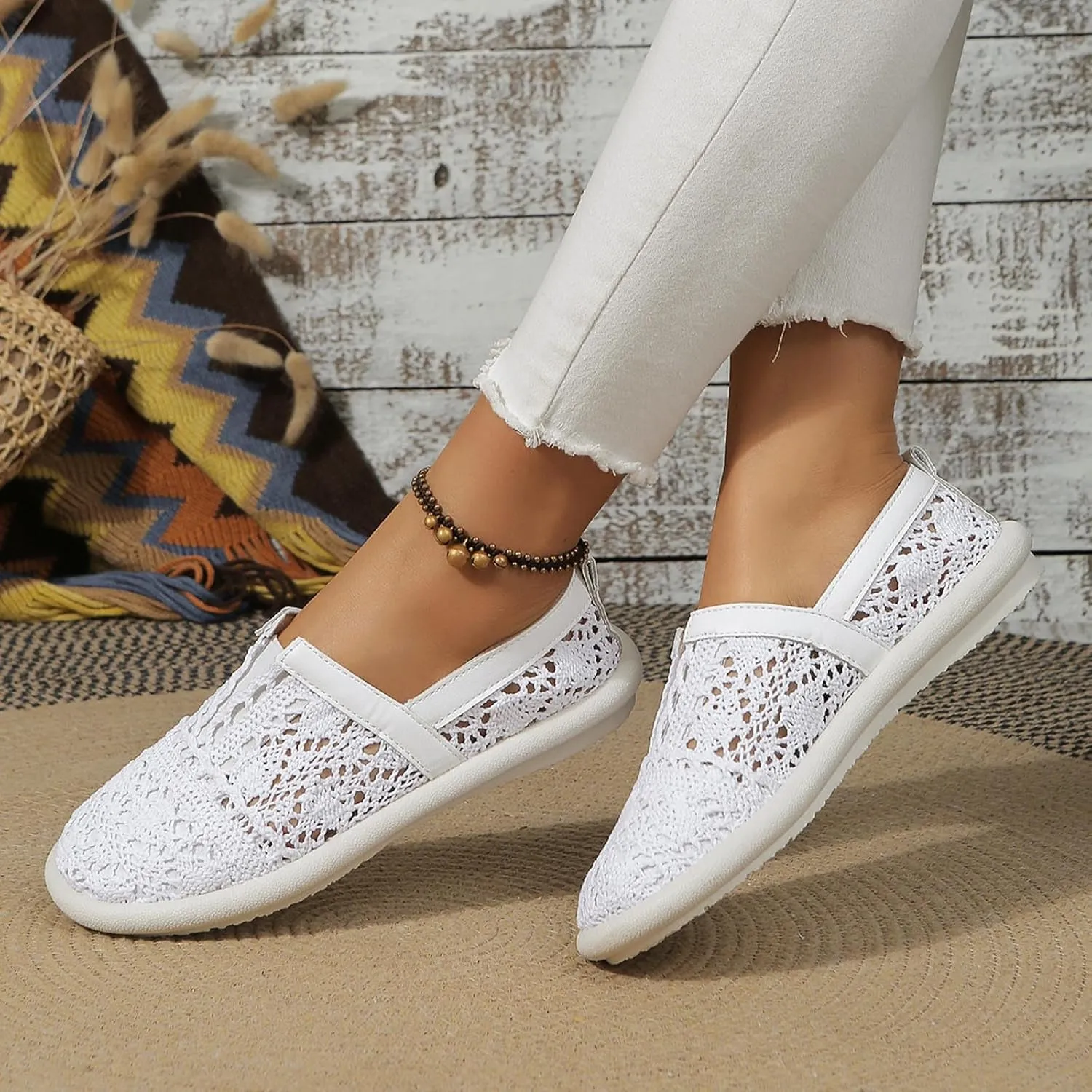 Women's Dress Flat Ballet Low Hollow Out Breathable Soft Single Shoe Ladies Casual Flower Lace Flats Knit Dress Shoes