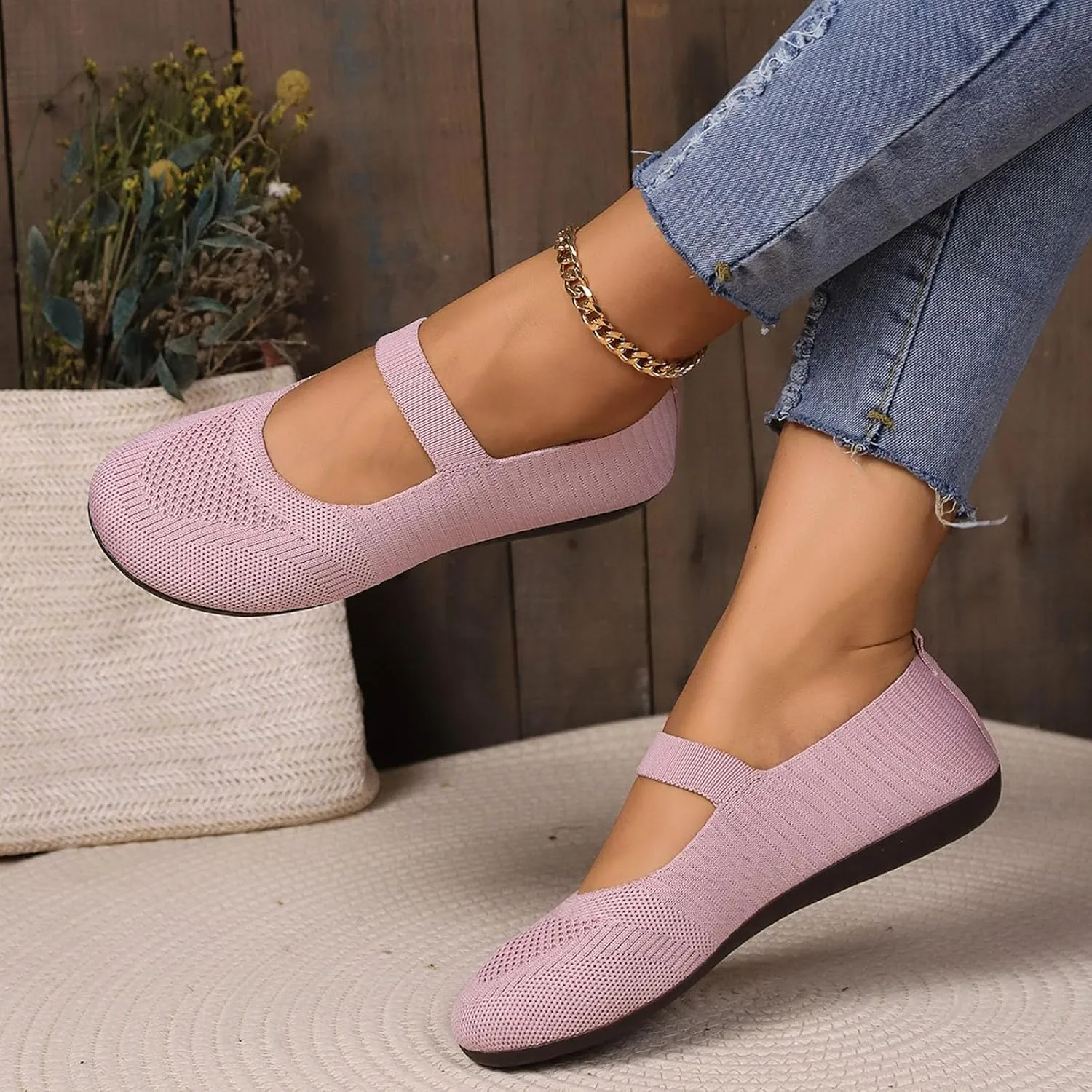 Women's Dress Flat Ballet Low Pointed Toe Knit Ballet Women's Ballet Flats Ladies Fashion Solid Color Breathable Knitted Mesh Shoes