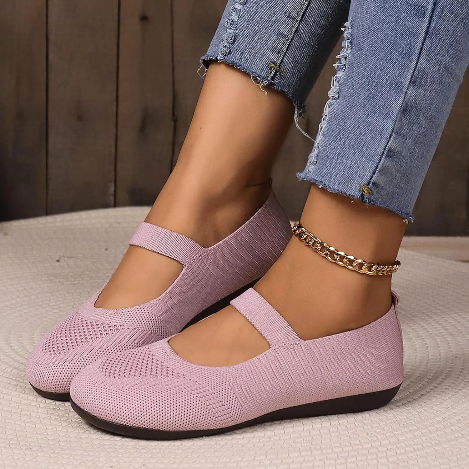 Women's Dress Flat Ballet Low Pointed Toe Knit Ballet Women's Ballet Flats Ladies Fashion Solid Color Breathable Knitted Mesh Shoes