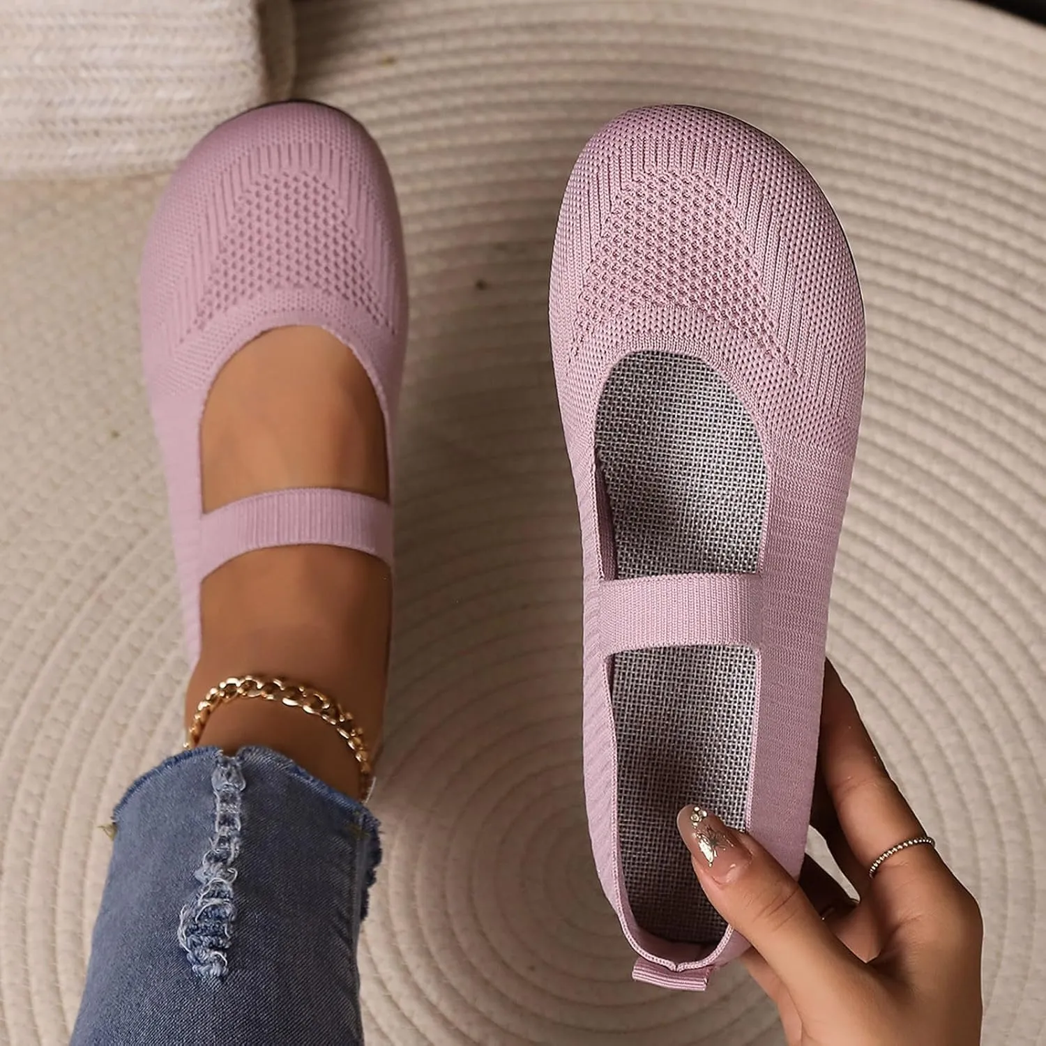 Women's Dress Flat Ballet Low Pointed Toe Knit Ballet Women's Ballet Flats Ladies Fashion Solid Color Breathable Knitted Mesh Shoes