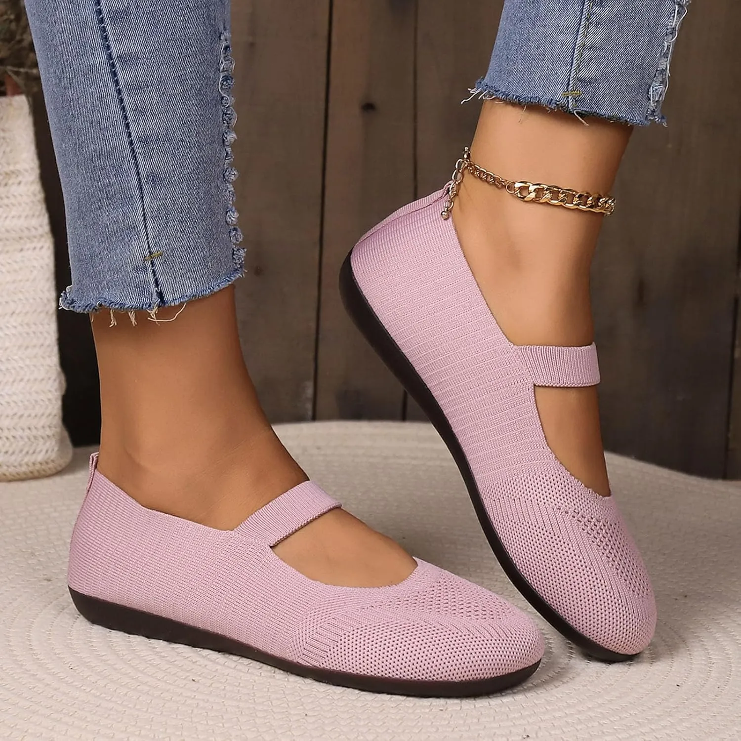 Women's Dress Flat Ballet Low Pointed Toe Knit Ballet Women's Ballet Flats Ladies Fashion Solid Color Breathable Knitted Mesh Shoes