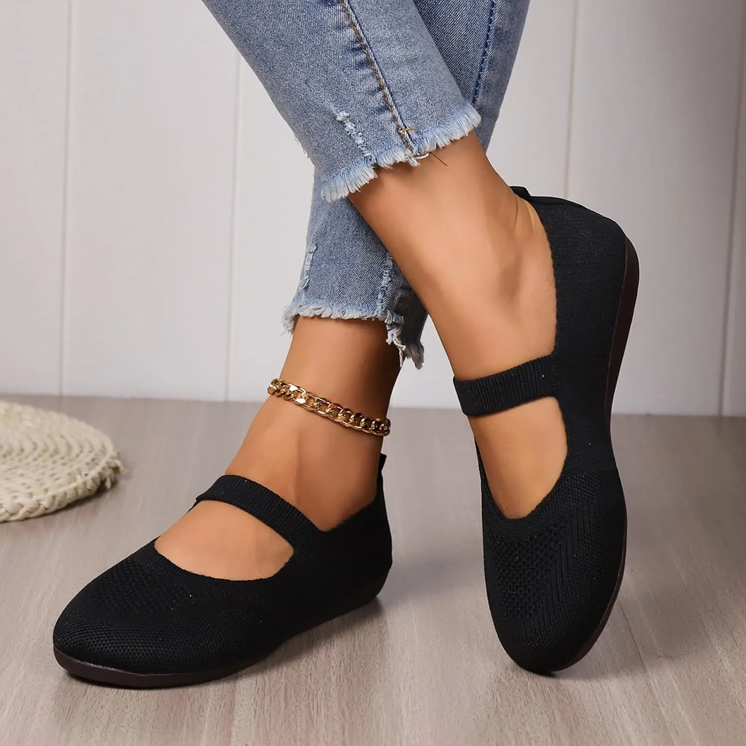 Women's Dress Flat Ballet Low Pointed Toe Knit Ballet Women's Ballet Flats Ladies Fashion Solid Color Breathable Knitted Mesh Shoes