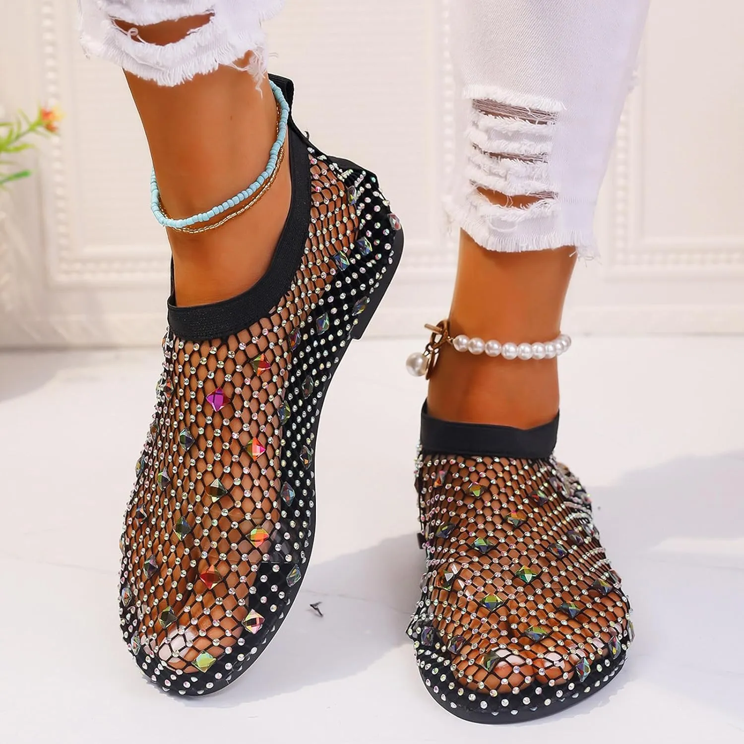 Women's Dress Flat Ballet Low Rhinestone Single Shoes Ladies Breathable Hollow Mesh Flats Dress Shoes