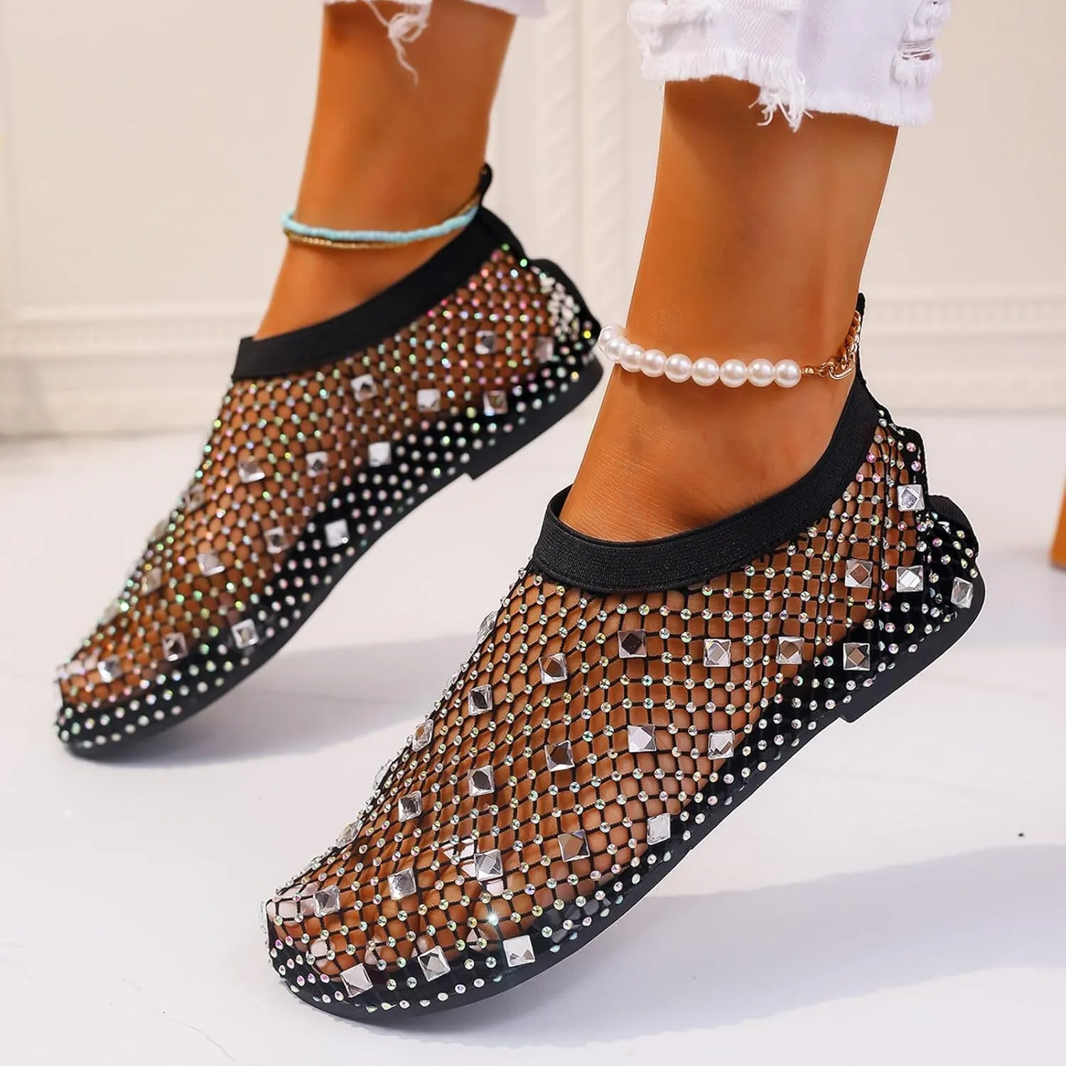 Women's Dress Flat Ballet Low Rhinestone Single Shoes Ladies Breathable Hollow Mesh Flats Dress Shoes