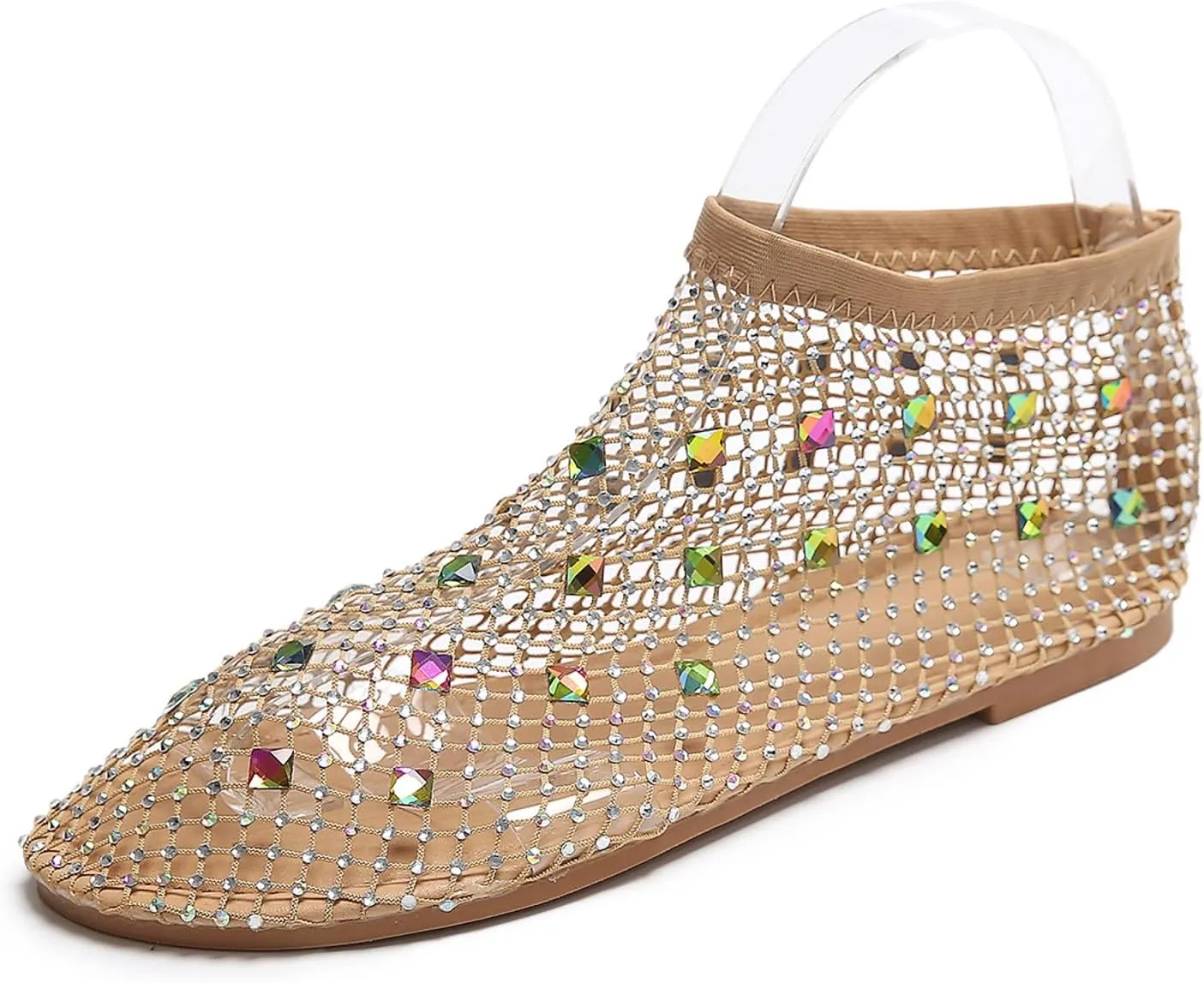 Women's Dress Flat Ballet Low Rhinestone Single Shoes Ladies Breathable Hollow Mesh Flats Dress Shoes