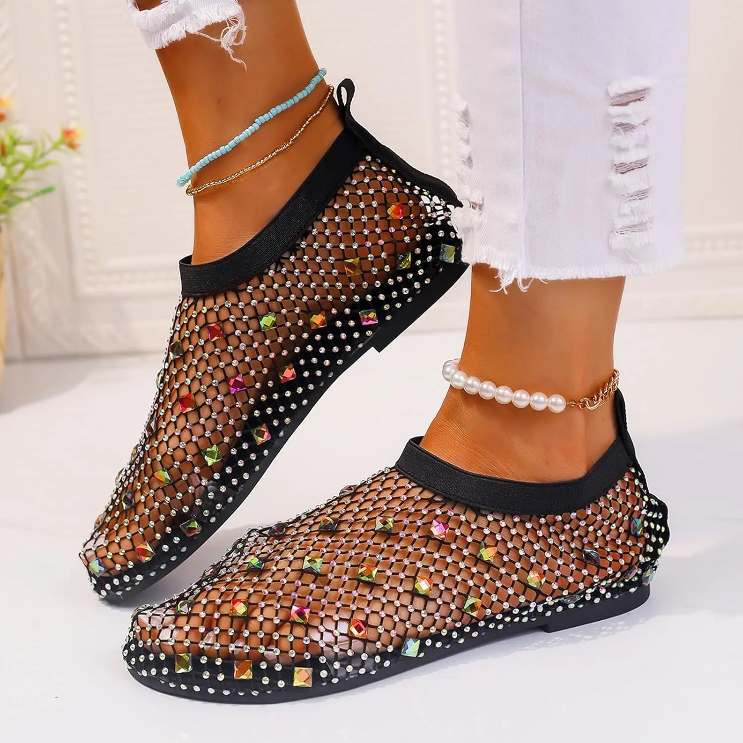 Women's Dress Flat Ballet Low Rhinestone Single Shoes Ladies Breathable Hollow Mesh Flats Dress Shoes