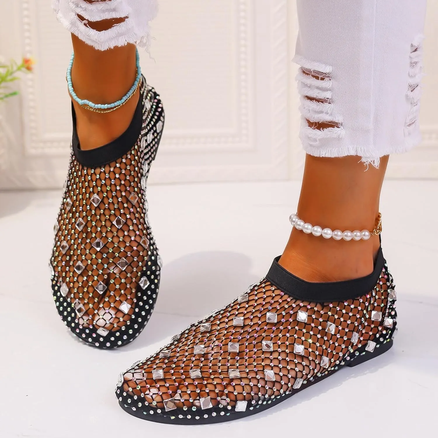 Women's Dress Flat Ballet Low Rhinestone Single Shoes Ladies Breathable Hollow Mesh Flats Dress Shoes