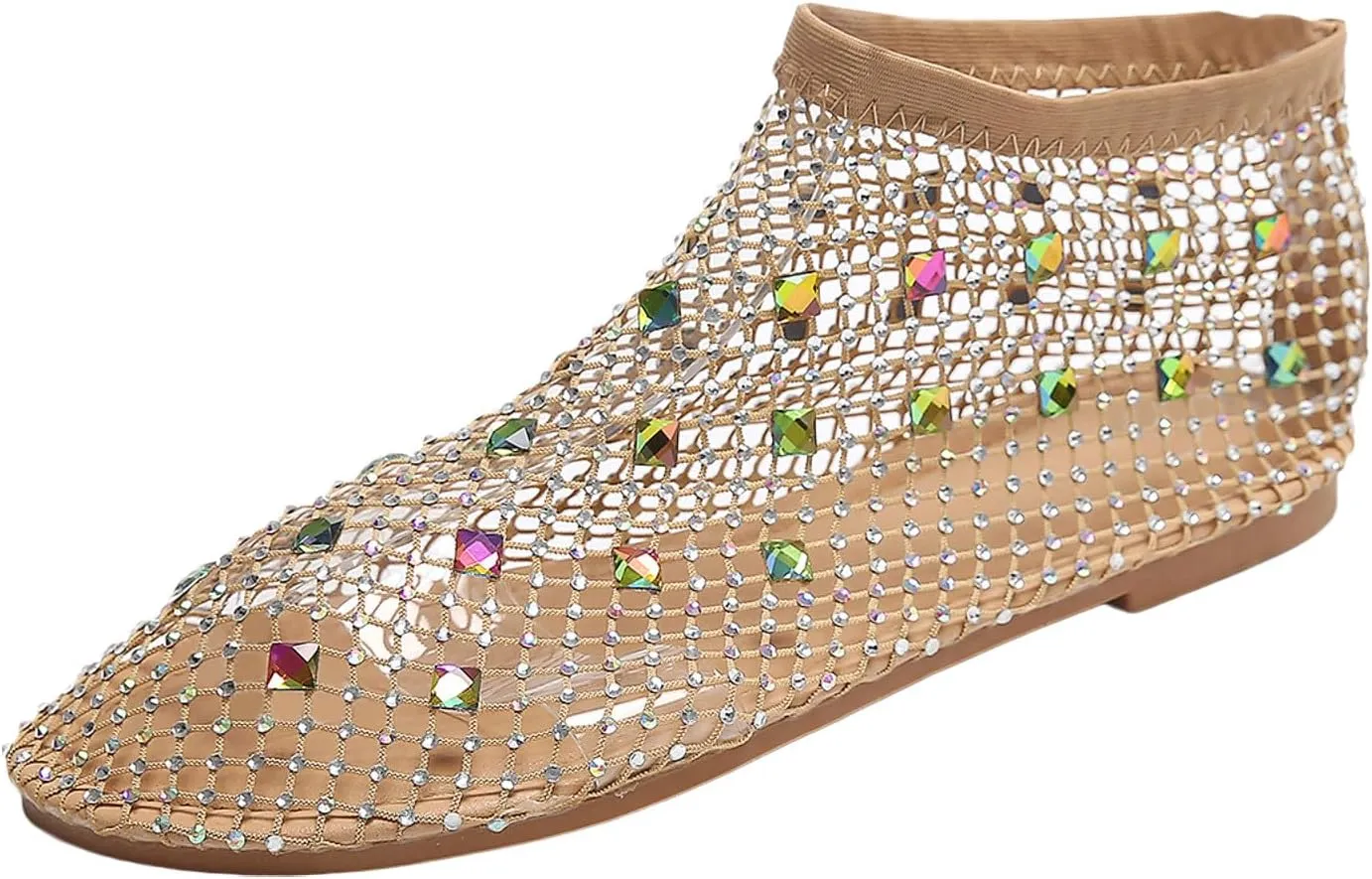Women's Dress Flat Ballet Low Rhinestone Single Shoes Ladies Breathable Hollow Mesh Flats Dress Shoes