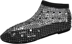 Women's Dress Flat Ballet Low Rhinestone Single Shoes Ladies Breathable Hollow Mesh Flats Dress Shoes
