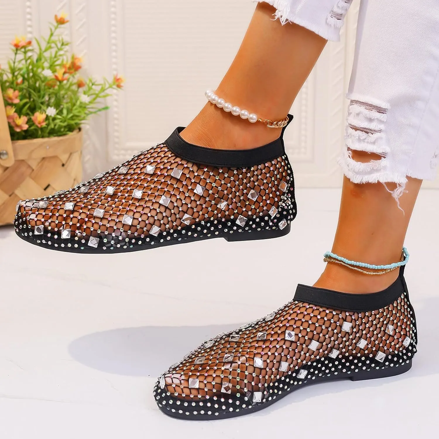 Women's Dress Flat Ballet Low Rhinestone Single Shoes Ladies Breathable Hollow Mesh Flats Dress Shoes