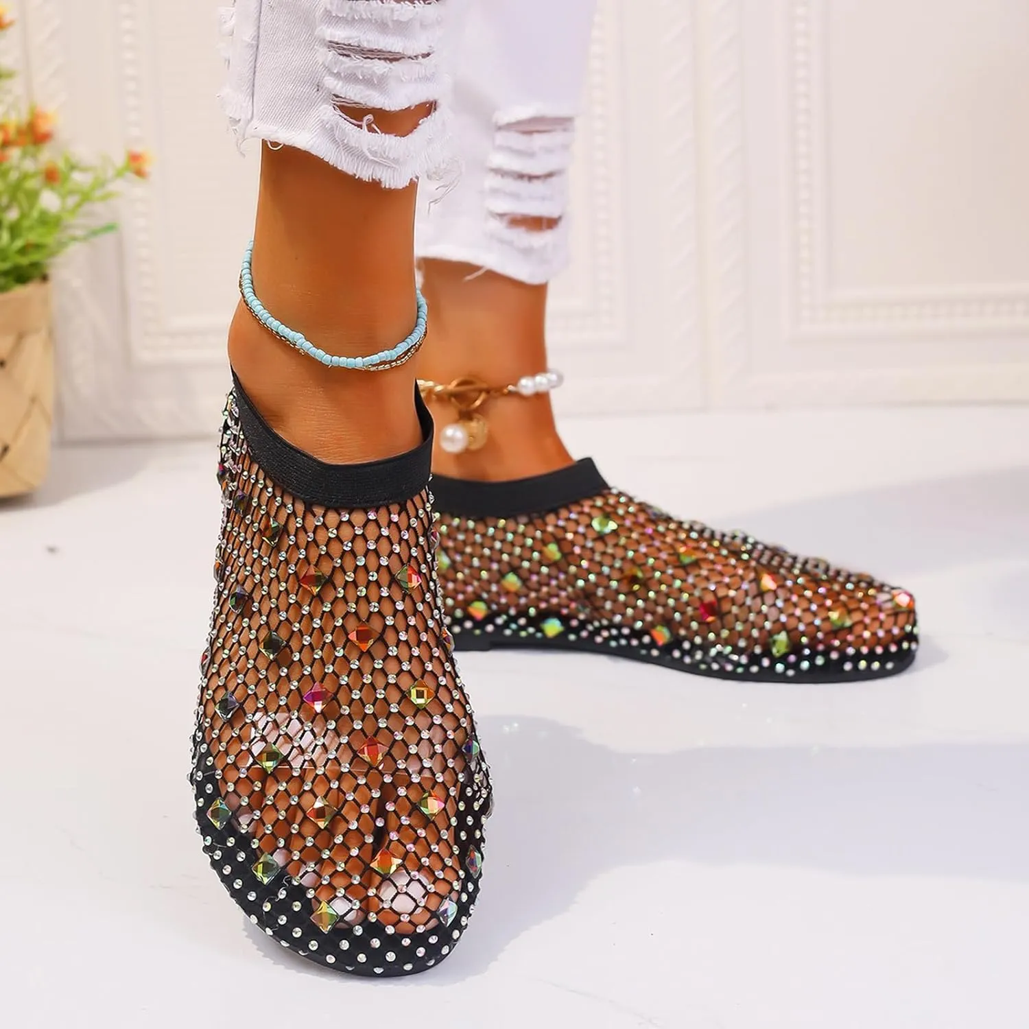 Women's Dress Flat Ballet Low Rhinestone Single Shoes Ladies Breathable Hollow Mesh Flats Dress Shoes