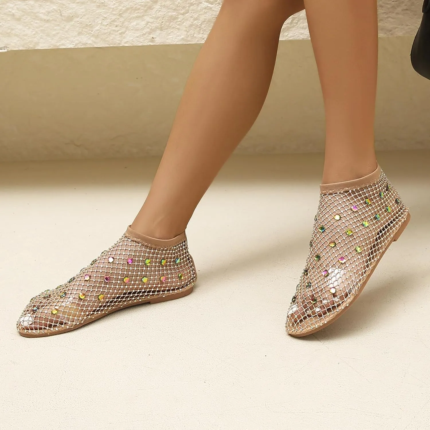 Women's Dress Flat Ballet Low Rhinestone Single Shoes Ladies Breathable Hollow Mesh Flats Dress Shoes