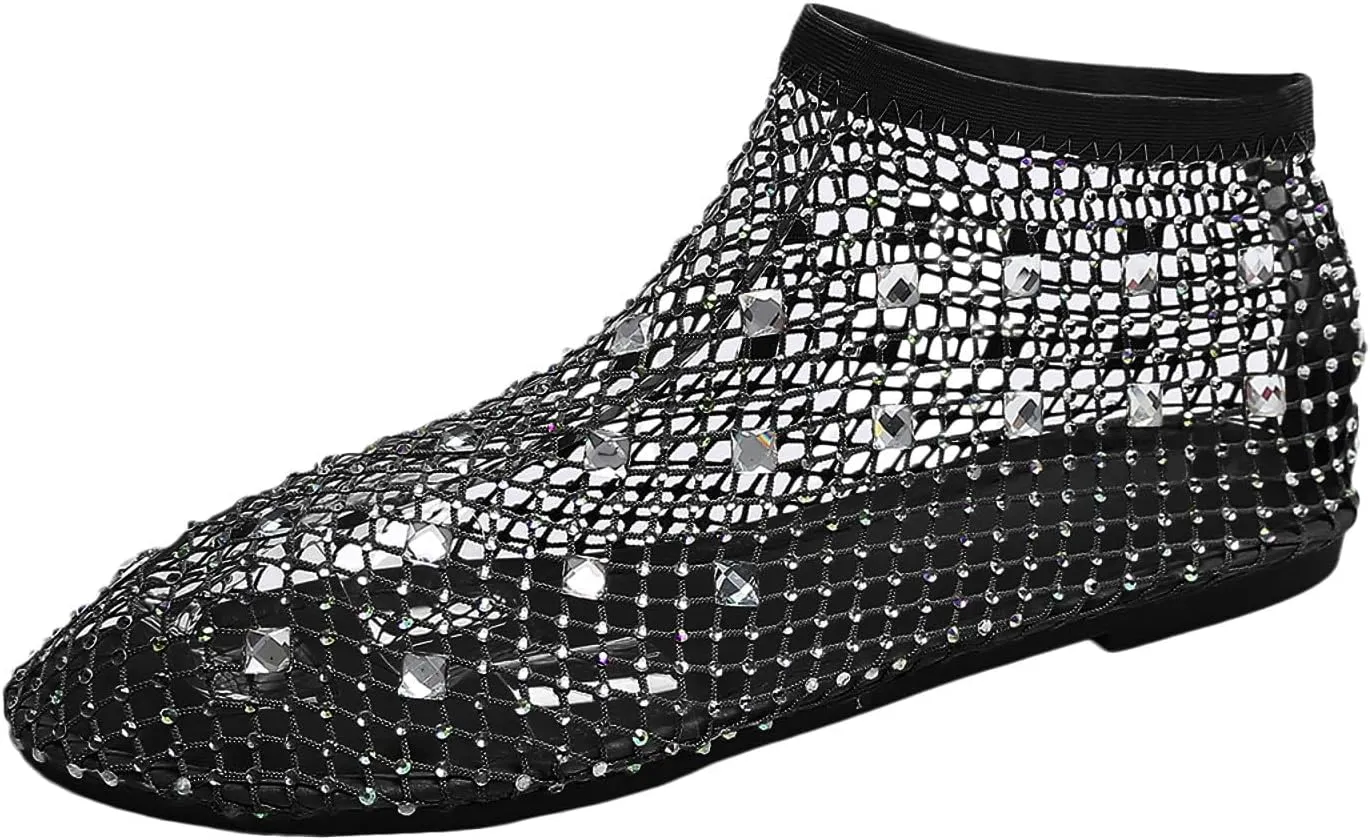 Women's Dress Flat Ballet Low Rhinestone Single Shoes Ladies Breathable Hollow Mesh Flats Dress Shoes