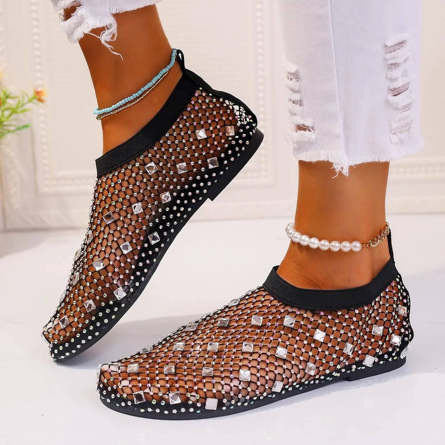 Women's Dress Flat Ballet Low Rhinestone Single Shoes Ladies Breathable Hollow Mesh Flats Dress Shoes