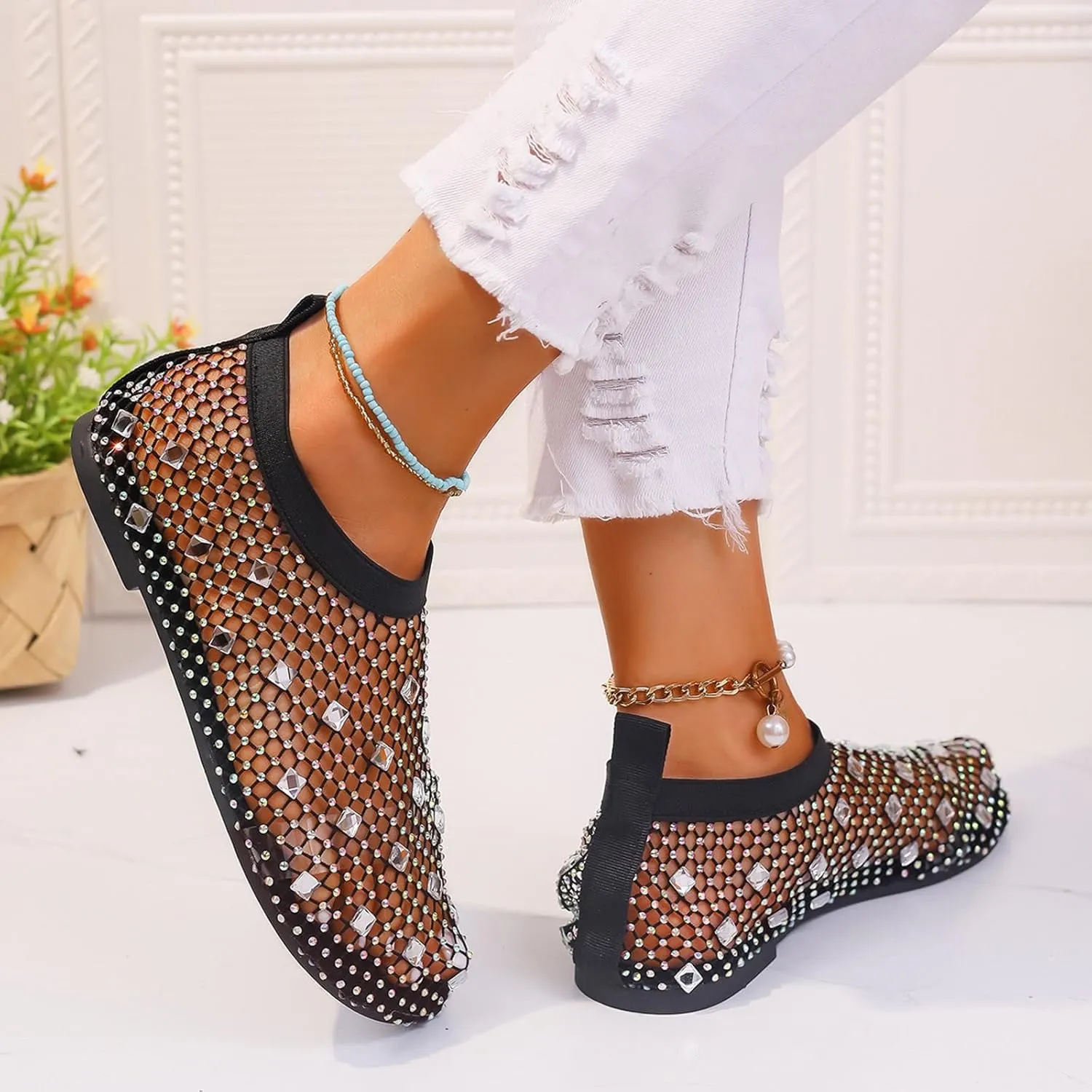Women's Dress Flat Ballet Low Rhinestone Single Shoes Ladies Breathable Hollow Mesh Flats Dress Shoes