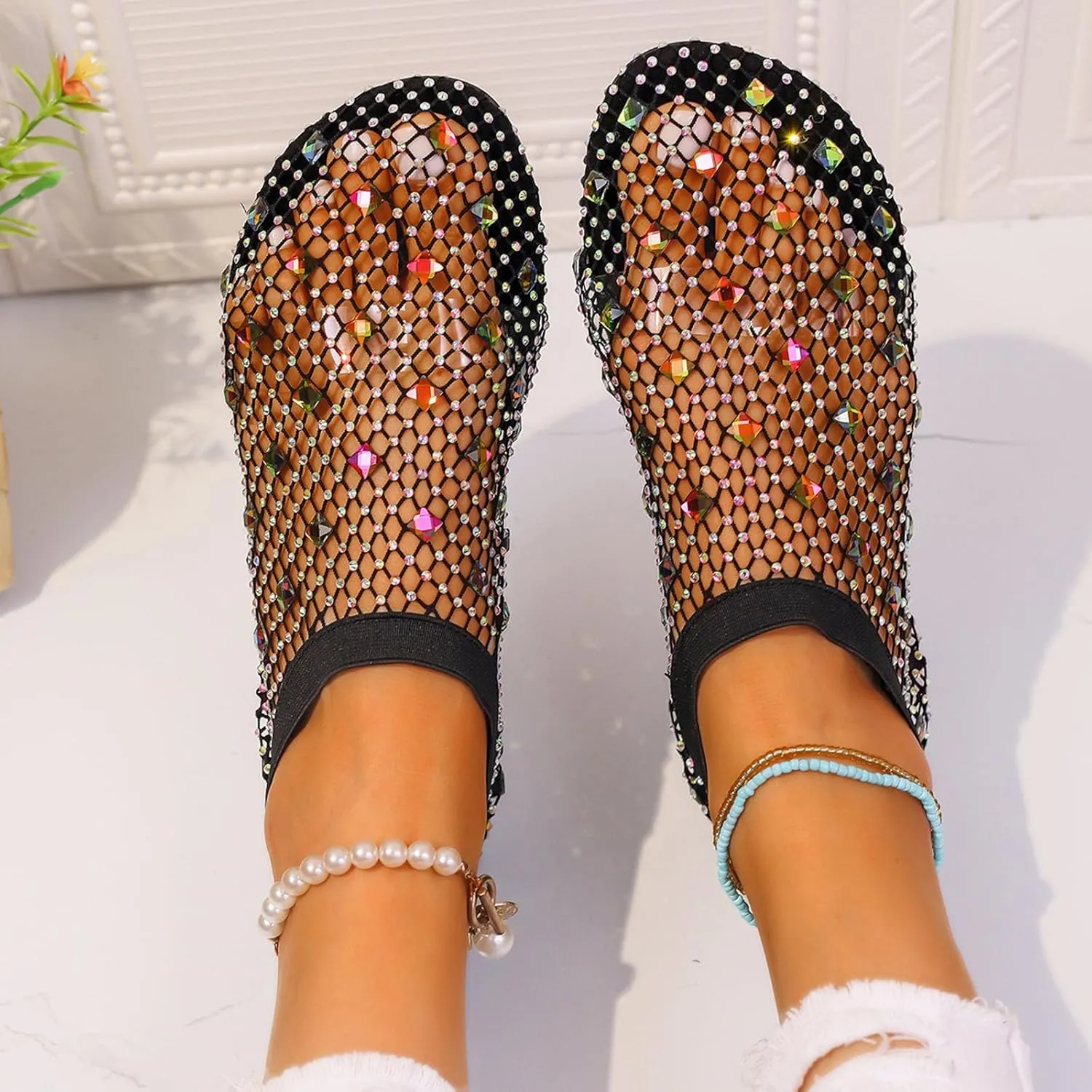 Women's Dress Flat Ballet Low Rhinestone Single Shoes Ladies Breathable Hollow Mesh Flats Dress Shoes