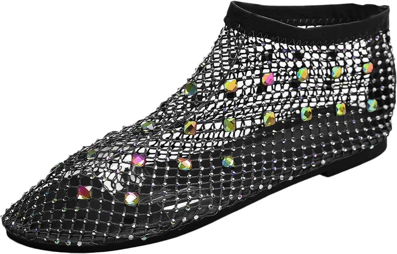 Women's Dress Flat Ballet Low Rhinestone Single Shoes Ladies Breathable Hollow Mesh Flats Dress Shoes