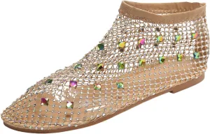Women's Dress Flat Ballet Low Rhinestone Single Shoes Ladies Breathable Hollow Mesh Flats Dress Shoes