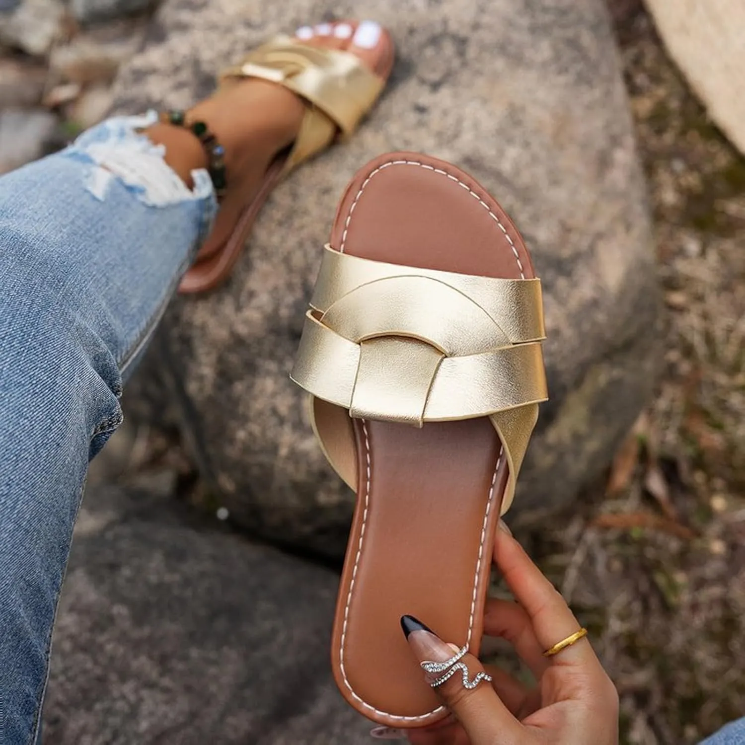 Women's Dressy Flat Sandals Ladies' Casual And Fashionable Summer Flat Slippers One Line Breathable And Comfortable