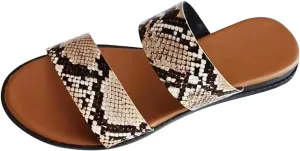 Women's Dressy Flat Sandals Ladies Fashion Summer Snakeskin Print Leather Open Toe Flat Casual Beach Slippers