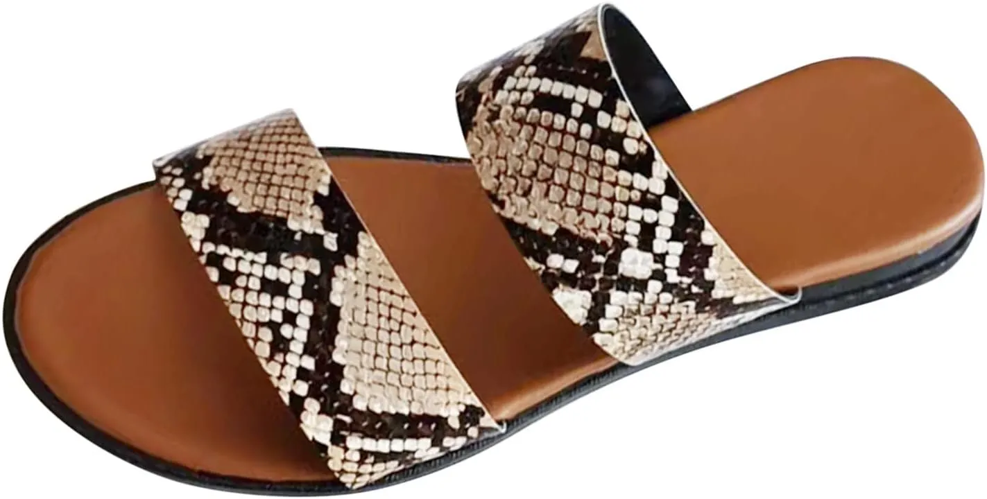 Women's Dressy Flat Sandals Ladies Fashion Summer Snakeskin Print Leather Open Toe Flat Casual Beach Slippers