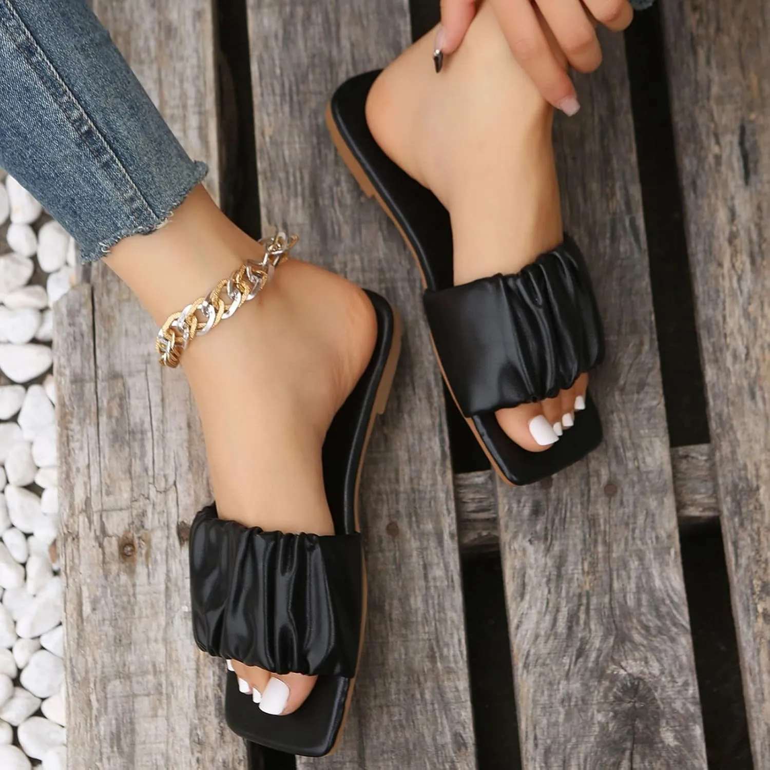 Women's Dressy Flat Sandals Women Summer Slip On Solid Casual Open Toe Flat Soft Bottom Breathable Shoes Sandals