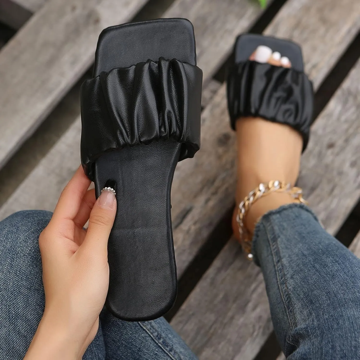 Women's Dressy Flat Sandals Women Summer Slip On Solid Casual Open Toe Flat Soft Bottom Breathable Shoes Sandals