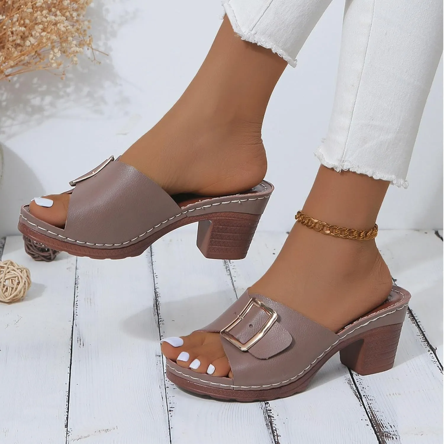 Womens Dressy High Heels Chunky Block Platform Heel Sandals Fashion Metal Buckle Slip On Slippers Beach Walking Shoes