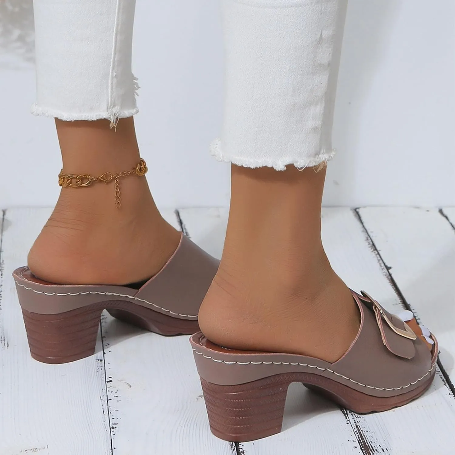 Womens Dressy High Heels Chunky Block Platform Heel Sandals Fashion Metal Buckle Slip On Slippers Beach Walking Shoes
