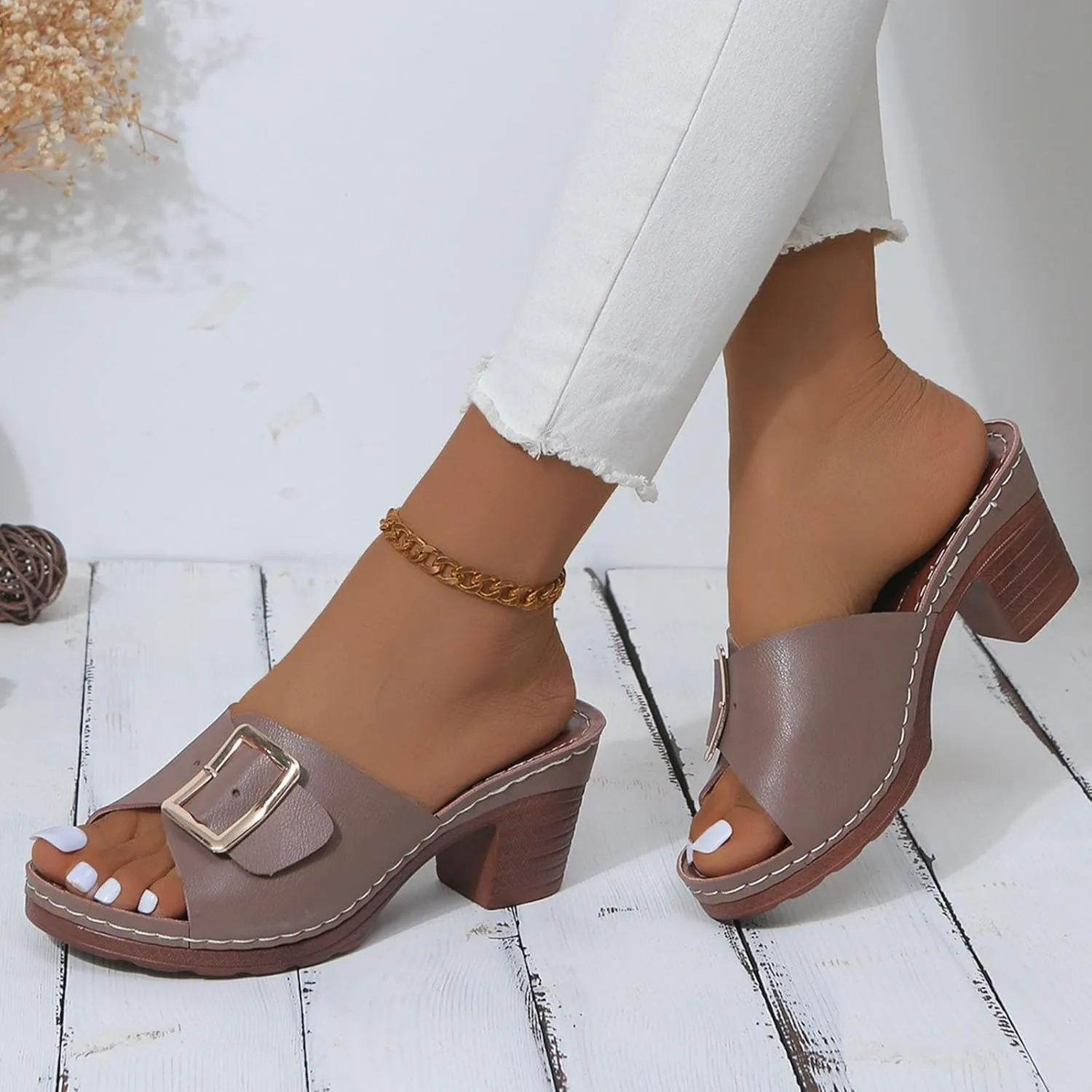 Womens Dressy High Heels Chunky Block Platform Heel Sandals Fashion Metal Buckle Slip On Slippers Beach Walking Shoes