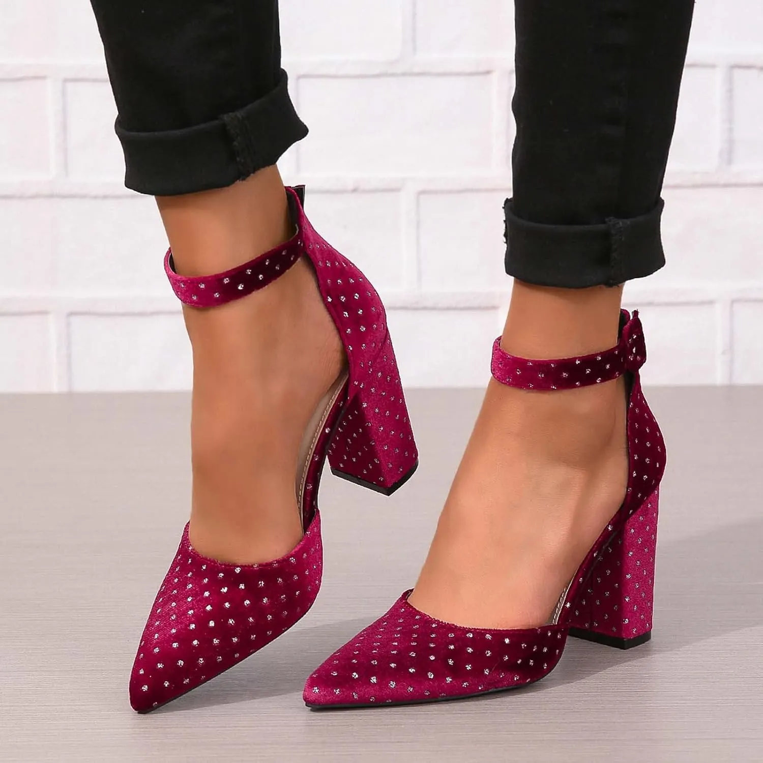 Women's Elegant Pointed Toe High Heels with Ankle Strap Buckle for Party Wedding Dress Shoes 9cm Chunky Block
