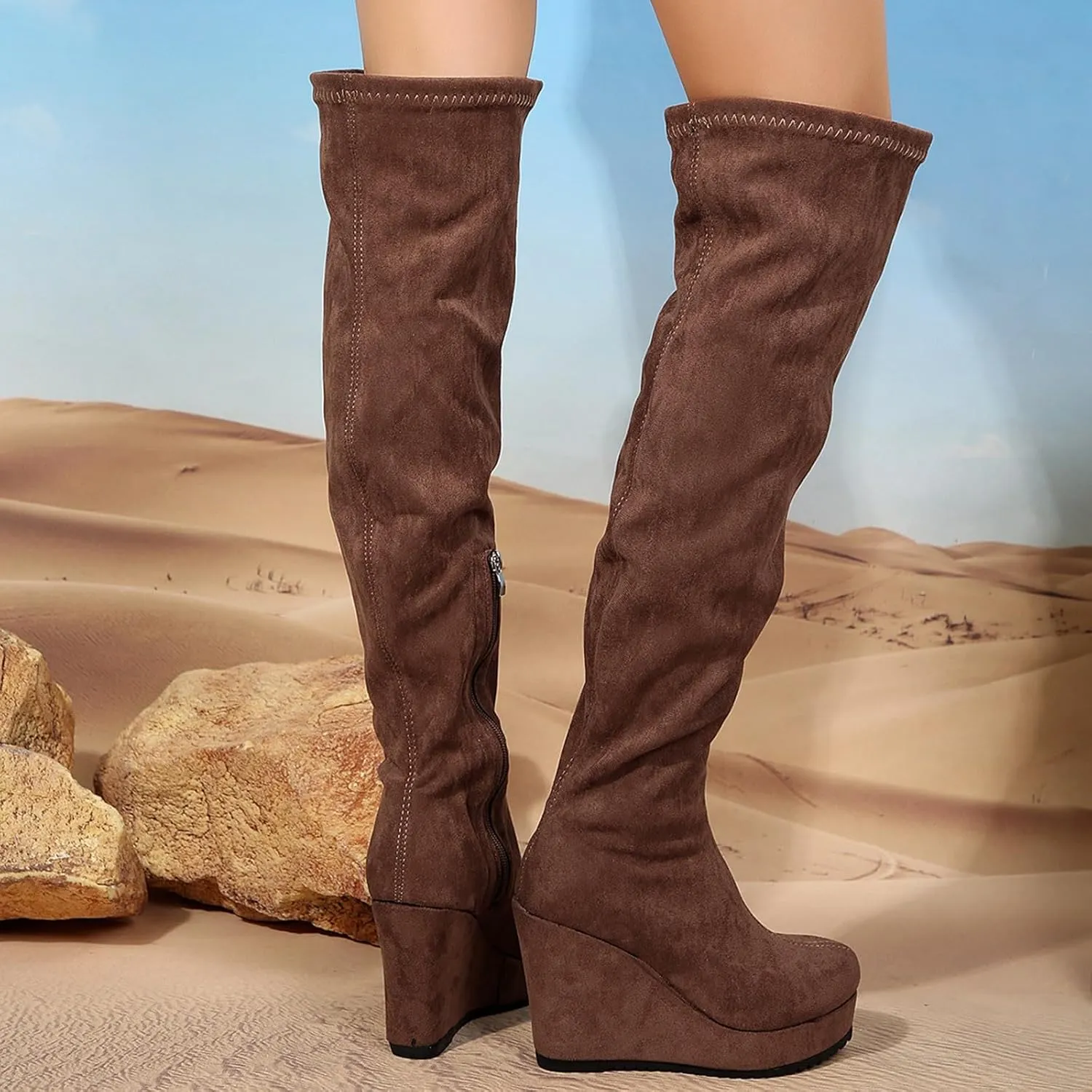 Women's Fashion Autumn Winter Over Knee Lace Up Boots Flat Low Heel Solid Color Suede Boots Thigh High Boots Platform