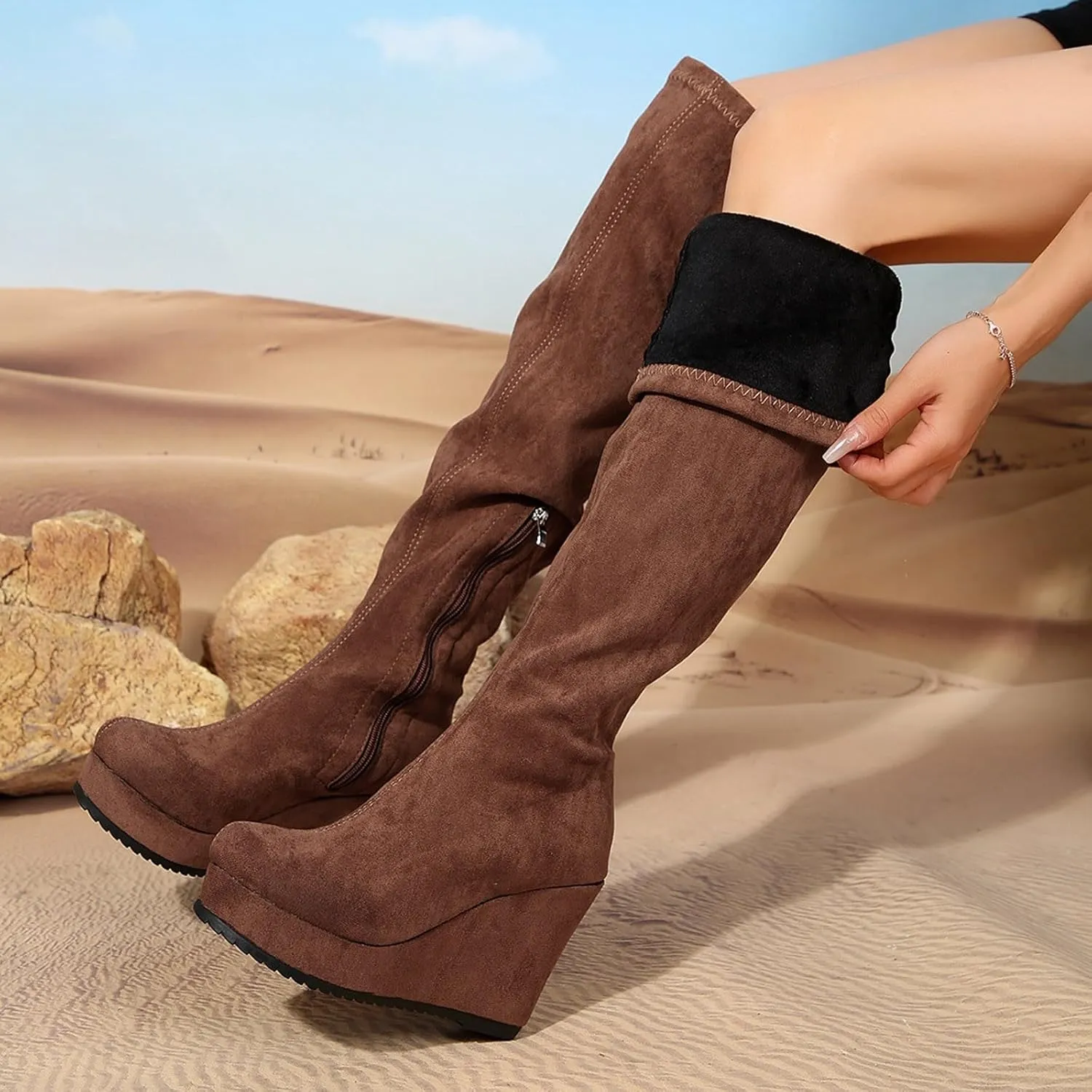 Women's Fashion Autumn Winter Over Knee Lace Up Boots Flat Low Heel Solid Color Suede Boots Thigh High Boots Platform