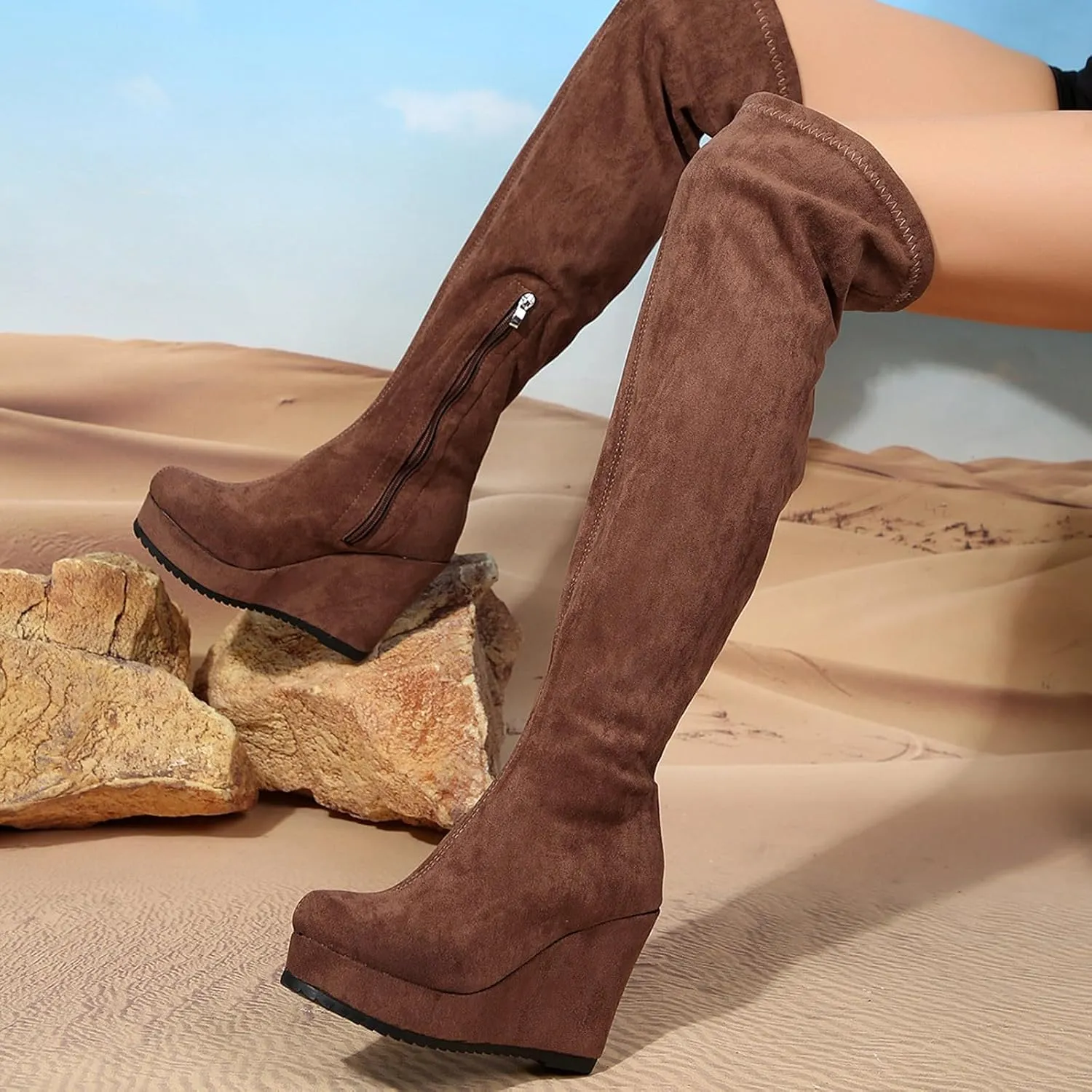 Women's Fashion Autumn Winter Over Knee Lace Up Boots Flat Low Heel Solid Color Suede Boots Thigh High Boots Platform